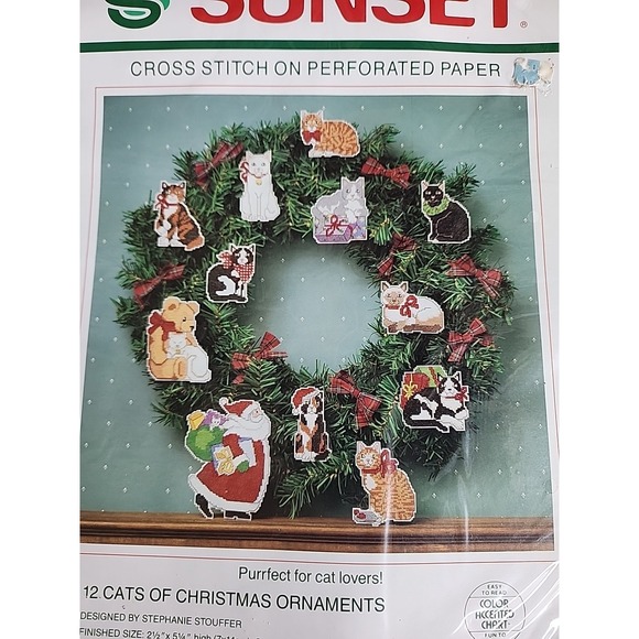 Sunset 12 Cats of Christmas Ornaments Counted Cross Stitch Kit Vintage 1990 - Picture 2 of 5